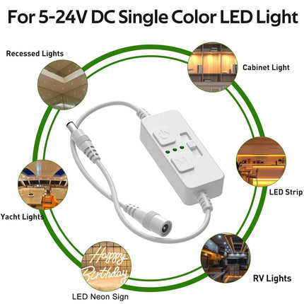 Single Color Slider Dimmer with Timer - PWM 1pc DC 5V/12V/24V LED Controller, 36W Max, Slide Brightness Control & Auto-Off for LED Strip Lights, Closet, Counter, Aquarium Lighting (White).