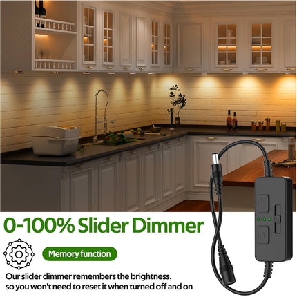 Single Color Slider Dimmer with Timer - PWM 1pc DC 5V/12V/24V LED Controller, 36W Max, Slide Brightness Control & Auto-Off for LED Strip Lights, Closet, Counter, Aquarium Lighting (Black).
