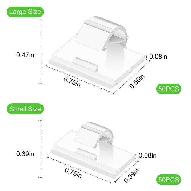 100PCS Cable Clips White, AIBOO Upgraded Wire Clips Adhesive with 50PCS Small Size & 50PCS Large Size Cable Straps, Mini Cable Wire Management for Handling Under Cabinet Lighting with Cords.