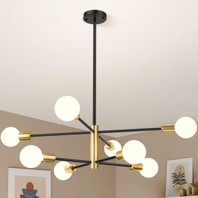 Modern Sputnik Chandelier 8 Lights Height Adjustable Ceiling Light Fixture Mid-Century Modern Gold Chandelier for Dining Room Bedroom Kitchen Living Room with Sloped Ceiling Adapter.