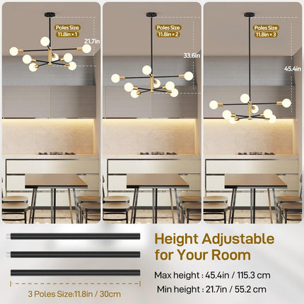 Modern Sputnik Chandelier 8 Lights Height Adjustable Ceiling Light Fixture Mid-Century Modern Gold Chandelier for Dining Room Bedroom Kitchen Living Room with Sloped Ceiling Adapter.