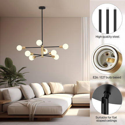 Modern Sputnik Chandelier 8 Lights Height Adjustable Ceiling Light Fixture Mid-Century Modern Gold Chandelier for Dining Room Bedroom Kitchen Living Room with Sloped Ceiling Adapter.