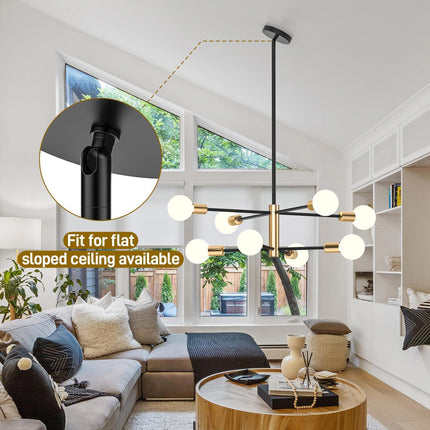 Modern Sputnik Chandelier 8 Lights Height Adjustable Ceiling Light Fixture Mid-Century Modern Gold Chandelier for Dining Room Bedroom Kitchen Living Room with Sloped Ceiling Adapter.
