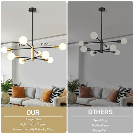 Modern Sputnik Chandelier 8 Lights Height Adjustable Ceiling Light Fixture Mid-Century Modern Gold Chandelier for Dining Room Bedroom Kitchen Living Room with Sloped Ceiling Adapter.