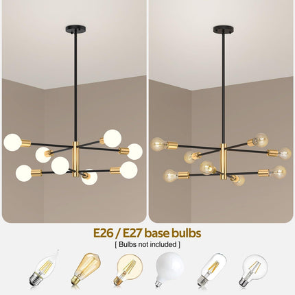 Modern Sputnik Chandelier 8 Lights Height Adjustable Ceiling Light Fixture Mid-Century Modern Gold Chandelier for Dining Room Bedroom Kitchen Living Room with Sloped Ceiling Adapter.