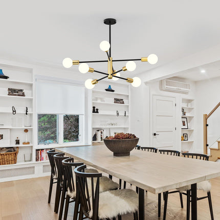 Modern Sputnik Chandelier 8 Lights Height Adjustable Ceiling Light Fixture Mid-Century Modern Gold Chandelier for Dining Room Bedroom Kitchen Living Room with Sloped Ceiling Adapter.