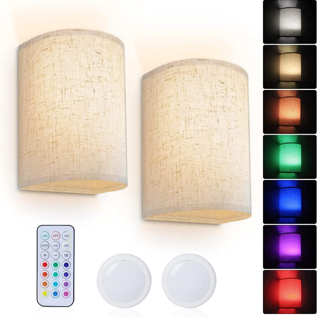 Battery Operated Wall Lights Indoor with Remote, Wireless LED Wall Lights with Fabric Shade, 12 Colors + Day White Changeable Dimmable Wall Lamp for Living Room Bedroom Hallway.