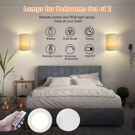 Battery Operated Wall Lights Indoor with Remote, Wireless LED Wall Lights with Fabric Shade, 12 Colors + Day White Changeable Dimmable Wall Lamp for Living Room Bedroom Hallway.