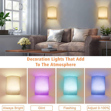 Battery Operated Wall Lights Indoor with Remote, Wireless LED Wall Lights with Fabric Shade, 12 Colors + Day White Changeable Dimmable Wall Lamp for Living Room Bedroom Hallway.