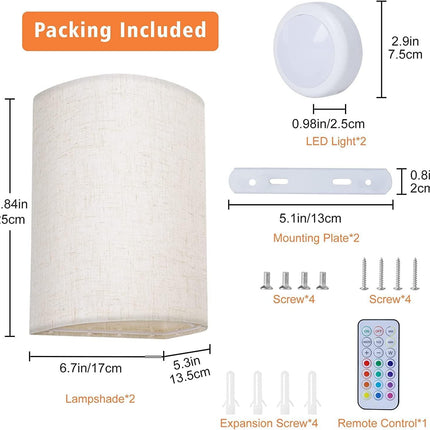 Battery Operated Wall Lights Indoor with Remote, Wireless LED Wall Lights with Fabric Shade, 12 Colors + Day White Changeable Dimmable Wall Lamp for Living Room Bedroom Hallway.
