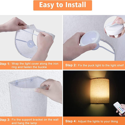 Battery Operated Wall Lights Indoor with Remote, Wireless LED Wall Lights with Fabric Shade, 12 Colors + Day White Changeable Dimmable Wall Lamp for Living Room Bedroom Hallway.
