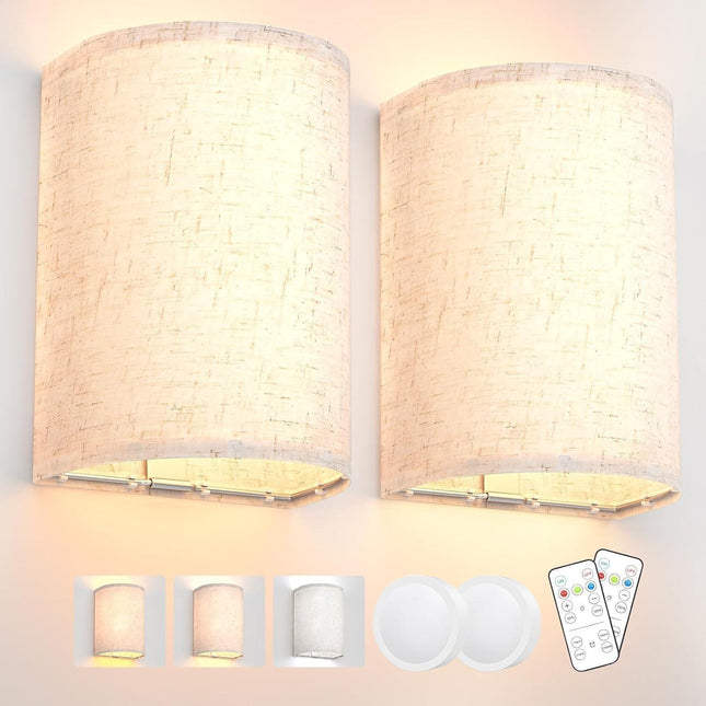 Battery Operated Wall Lights,2 Pack Wall Light Decor with Remote Control,3 Colors Dimmable Fabric Shade Wall Lamps,Wireless Sconce Wall Lights for Farmhouse Sconces Wall Lighting 2700K-6000K.