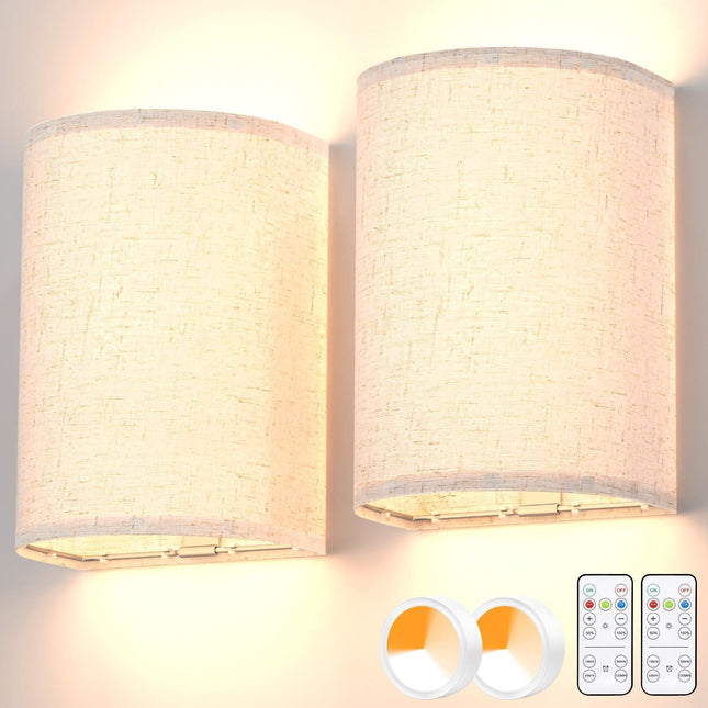 Battery Operated Wall Sconces Set of Two, Rechargeable Wall Lamp with Remote, 3 Colors Dimmable Fabric Wireless Sconces Wall Decor Set of 2 with Timer for Bedroom Living Room.