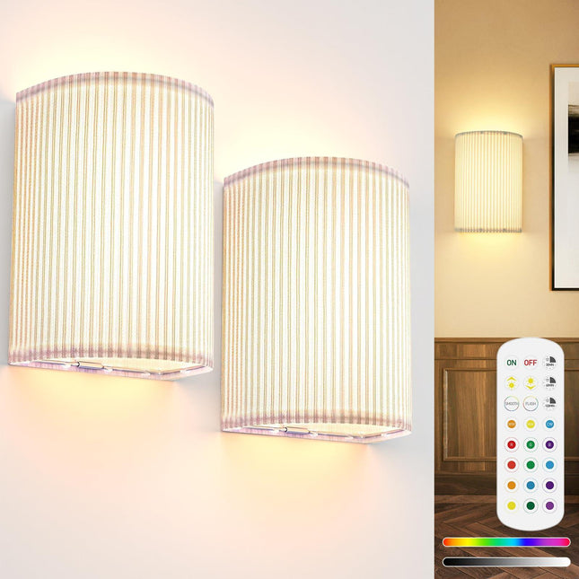 Battery Operated Wall Sconces Set of 2, 5000mAh Rechargeable RGB Wall Lamp with Remote, 3 Colors 10 Levels Brightness Wireless Sconces Wall Decor Set of 2 with Timer for Bedroom Living Room.