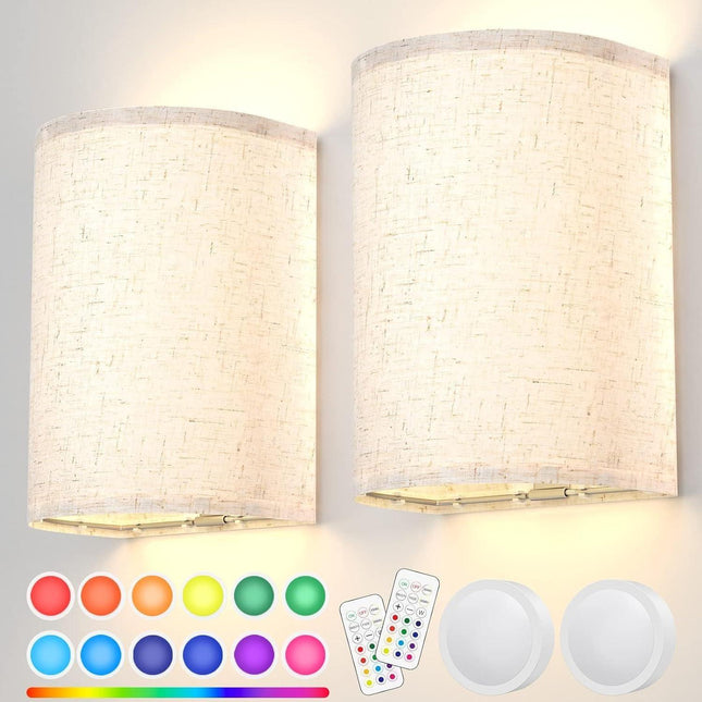 Wall Lights Set of 2, Battery Operated Fabric Sconce with Remote, LED Lamps in RGB+Warm White, Dimmable Timer for Bedroom and Living Room Lighting.