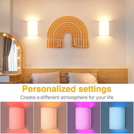 Wall Lights Set of 2, Battery Operated Fabric Sconce with Remote, LED Lamps in RGB+Warm White, Dimmable Timer for Bedroom and Living Room Lighting.