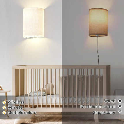 Wall Lights Set of 2, Battery Operated Fabric Sconce with Remote, LED Lamps in RGB+Warm White, Dimmable Timer for Bedroom and Living Room Lighting.