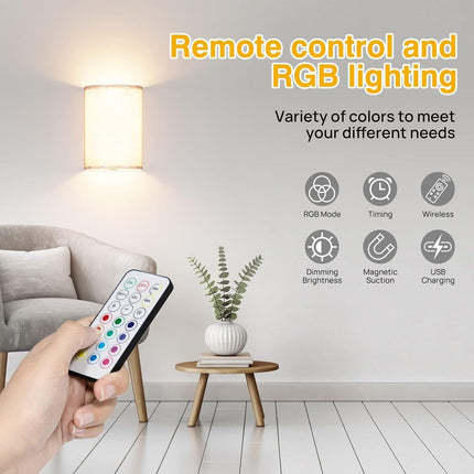 Wall Lights Set of 2, Battery Operated Fabric Sconce with Remote, LED Lamps in RGB+Warm White, Dimmable Timer for Bedroom and Living Room Lighting.