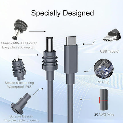 Starlink Mini Power Cable 10FT USB-C to DC5521.