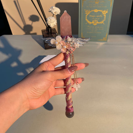 Handmade Crystal Wand, Raw Gemstone Scepter, Natural Magic Wand Rose Quartz.