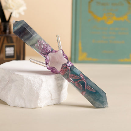 Handmade Crystal Wand Natural Stone Scepter Raw Gemstone Magic Wand Healing Tool Green Fluorite star pattern.