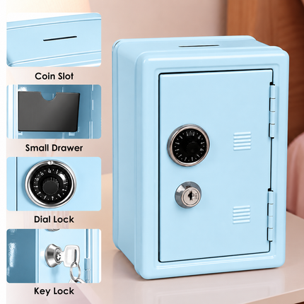 Lockable Metal Money Box, Cash & Coin Storage Box with Key Lock, Compact Piggy Bank for For Kids & Adults, Office & Small Valuables-Light Blue