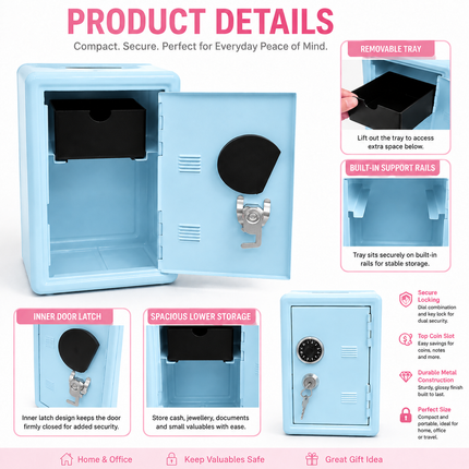 Lockable Metal Money Box, Cash & Coin Storage Box with Key Lock, Compact Piggy Bank for For Kids & Adults, Office & Small Valuables-Light Blue