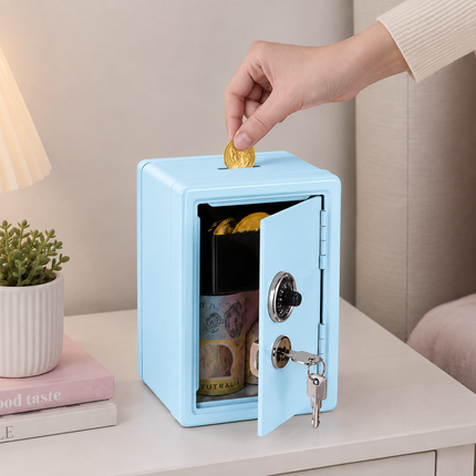 Lockable Metal Money Box, Cash & Coin Storage Box with Key Lock, Compact Piggy Bank for For Kids & Adults, Office & Small Valuables-Light Blue