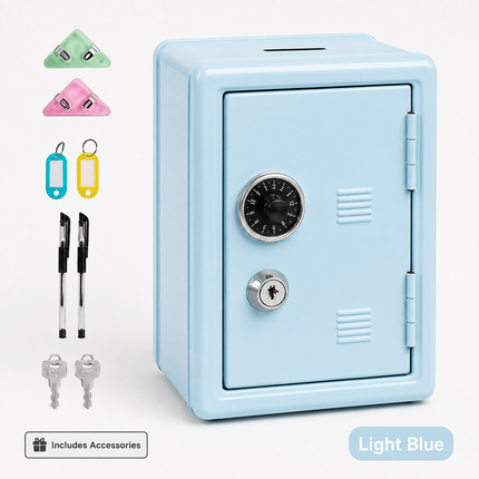Lockable Metal Money Box, Cash & Coin Storage Box with Key Lock, Compact Piggy Bank for For Kids & Adults, Office & Small Valuables-Light Blue