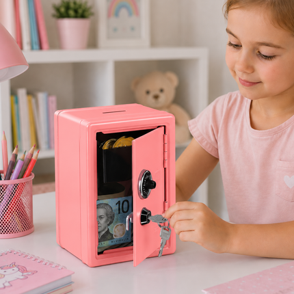 Lockable Metal Money Box, Cash & Coin Storage Box with Key Lock, Compact Piggy Bank for For Kids & Adults, Office & Small Valuables-coral pink