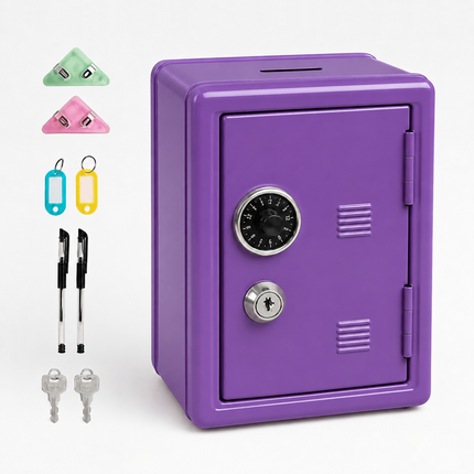 Lockable Metal Money Box, Cash & Coin Storage Box with Key Lock, Compact Piggy Bank for For Kids & Adults, Office & Small Valuables-Purple