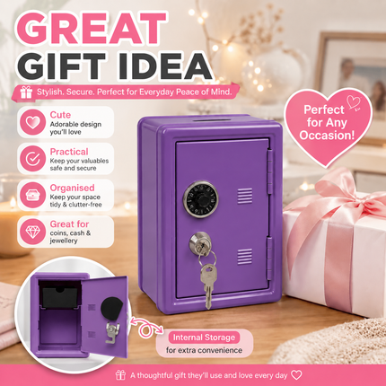 Lockable Metal Money Box, Cash & Coin Storage Box with Key Lock, Compact Piggy Bank for For Kids & Adults, Office & Small Valuables-Purple