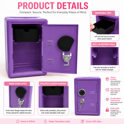 Lockable Metal Money Box, Cash & Coin Storage Box with Key Lock, Compact Piggy Bank for For Kids & Adults, Office & Small Valuables-Purple