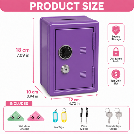 Lockable Metal Money Box, Cash & Coin Storage Box with Key Lock, Compact Piggy Bank for For Kids & Adults, Office & Small Valuables-Purple