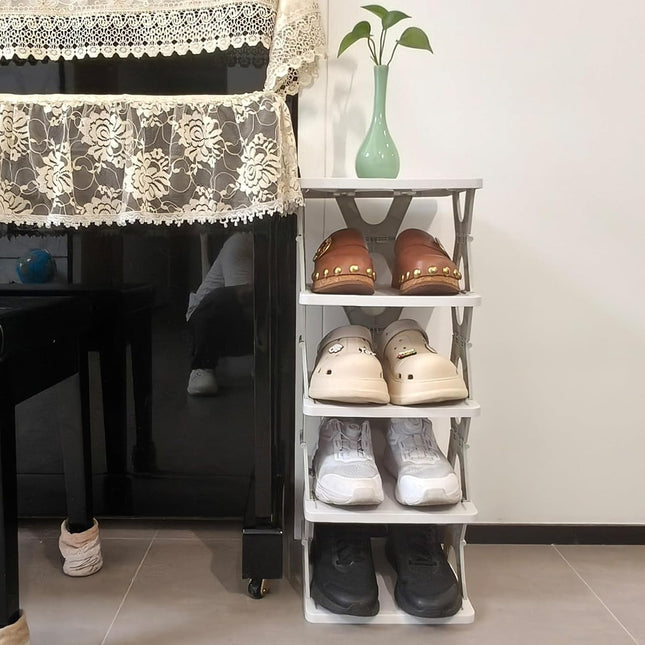 5 Tier Foldable Vertical Shoe Rack, X-Design Tall Shoes Organiser for Narrow Space, Corner Shelf for Single Dormitory Or Small Room.