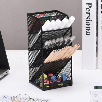 Modern Metal Mesh Pencil Holder, 5-Compartment Desk Organiser, Black Angled Pen Holder.