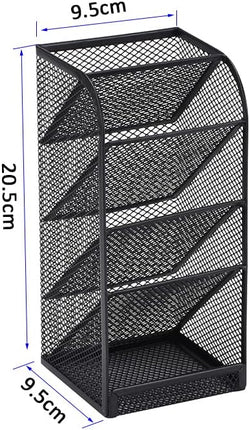Modern Metal Mesh Pencil Holder, 5-Compartment Desk Organiser, Black Angled Pen Holder.