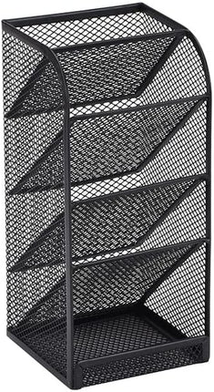 Modern Metal Mesh Pencil Holder, 5-Compartment Desk Organiser, Black Angled Pen Holder.