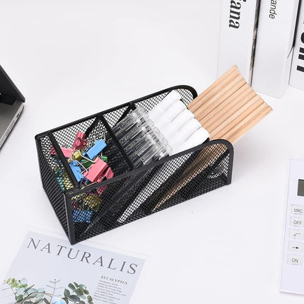 Modern Metal Mesh Pencil Holder, 5-Compartment Desk Organiser, Black Angled Pen Holder.