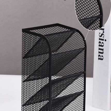 Modern Metal Mesh Pencil Holder, 5-Compartment Desk Organiser, Black Angled Pen Holder.