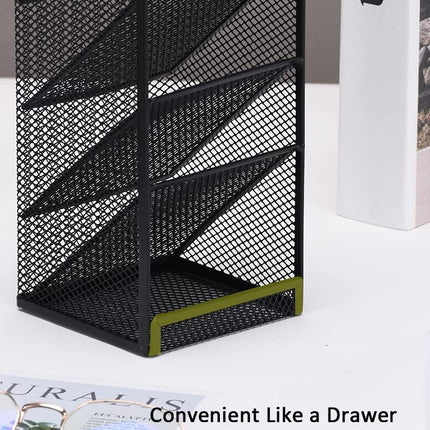 Modern Metal Mesh Pencil Holder, 5-Compartment Desk Organiser, Black Angled Pen Holder.