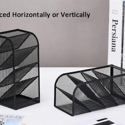 Modern Metal Mesh Pencil Holder, 5-Compartment Desk Organiser, Black Angled Pen Holder.