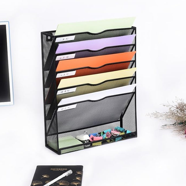 6 Tier Desktop File Organiser, Wall Mount Magazine Rack, Mesh Desk Organizer, Vertical Hanging Document Tray for Stationery, Mail, Paper and Letter Envelope, Book Holder.