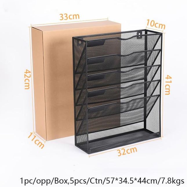 6 Tier Desktop File Organiser, Wall Mount Magazine Rack, Mesh Desk Organizer, Vertical Hanging Document Tray for Stationery, Mail, Paper and Letter Envelope, Book Holder.