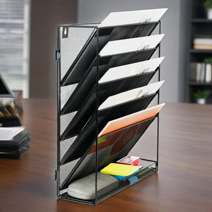 6 Tier Desktop File Organiser, Wall Mount Magazine Rack, Mesh Desk Organizer, Vertical Hanging Document Tray for Stationery, Mail, Paper and Letter Envelope, Book Holder.