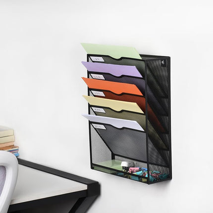 6 Tier Desktop File Organiser, Wall Mount Magazine Rack, Mesh Desk Organizer, Vertical Hanging Document Tray for Stationery, Mail, Paper and Letter Envelope, Book Holder.