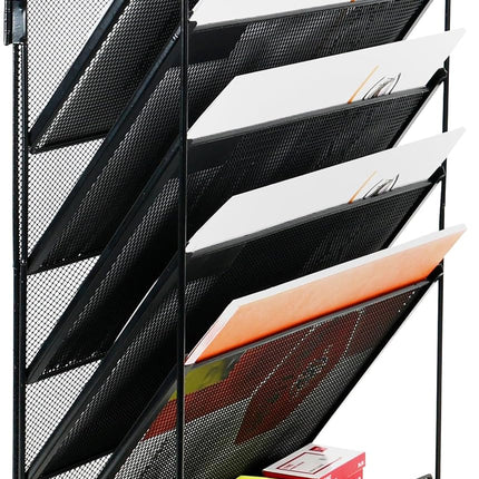 6 Tier Desktop File Organiser, Wall Mount Magazine Rack, Mesh Desk Organizer, Vertical Hanging Document Tray for Stationery, Mail, Paper and Letter Envelope, Book Holder.