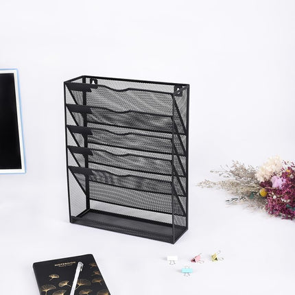6 Tier Desktop File Organiser, Wall Mount Magazine Rack, Mesh Desk Organizer, Vertical Hanging Document Tray for Stationery, Mail, Paper and Letter Envelope, Book Holder.