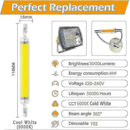 R7s LED Bulb 20W 118mm 3000lm Cool White 6000K, Dimmable 360 Degree Linear, Compatible with J118 400W Halogen.
