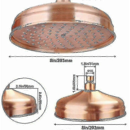 High Pressure Copper Rain Shower Head 20 cm (8 inch) Diameter Adjustable Angle Fixed Compatible with Standard Shower Arms Gold.